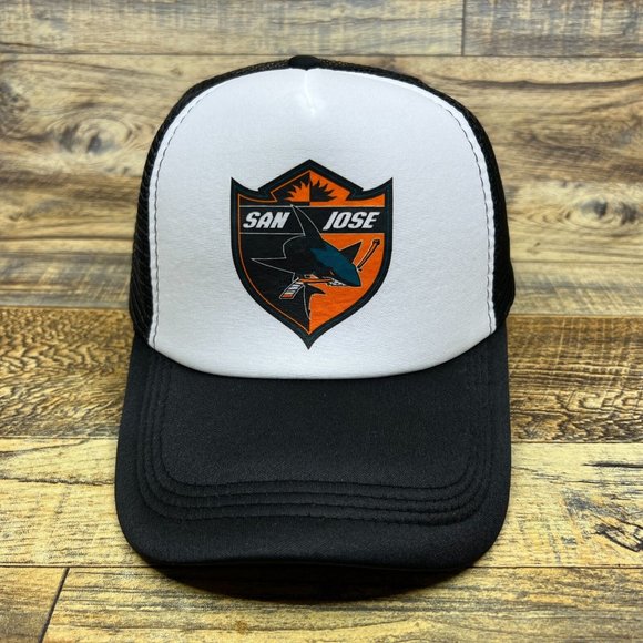 San Jose Sharks Mens Trucker Hat Black Snapback Retro Logo Hockey Baseball Cap - Picture 2 of 8